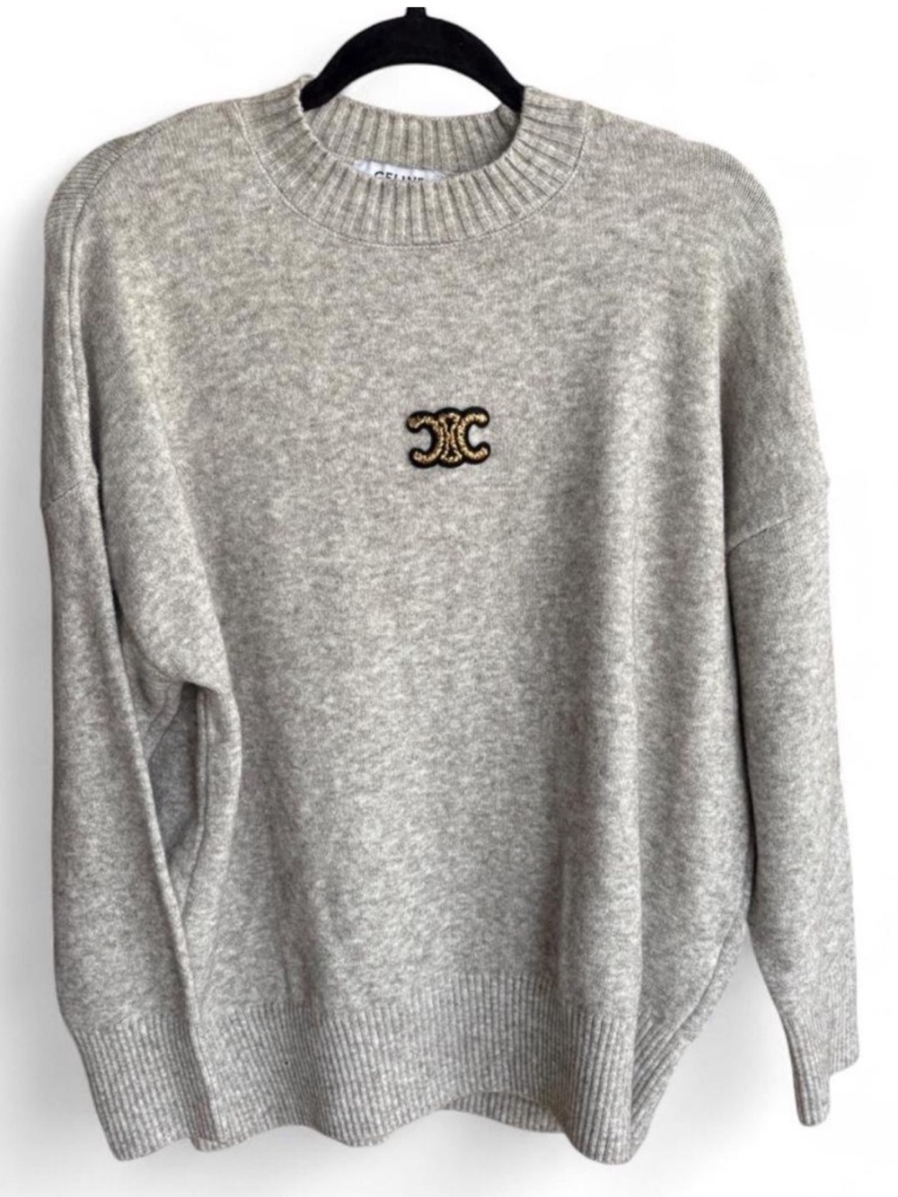Celine Light Gray Crewneck Sweater with Gold Logo Patch
